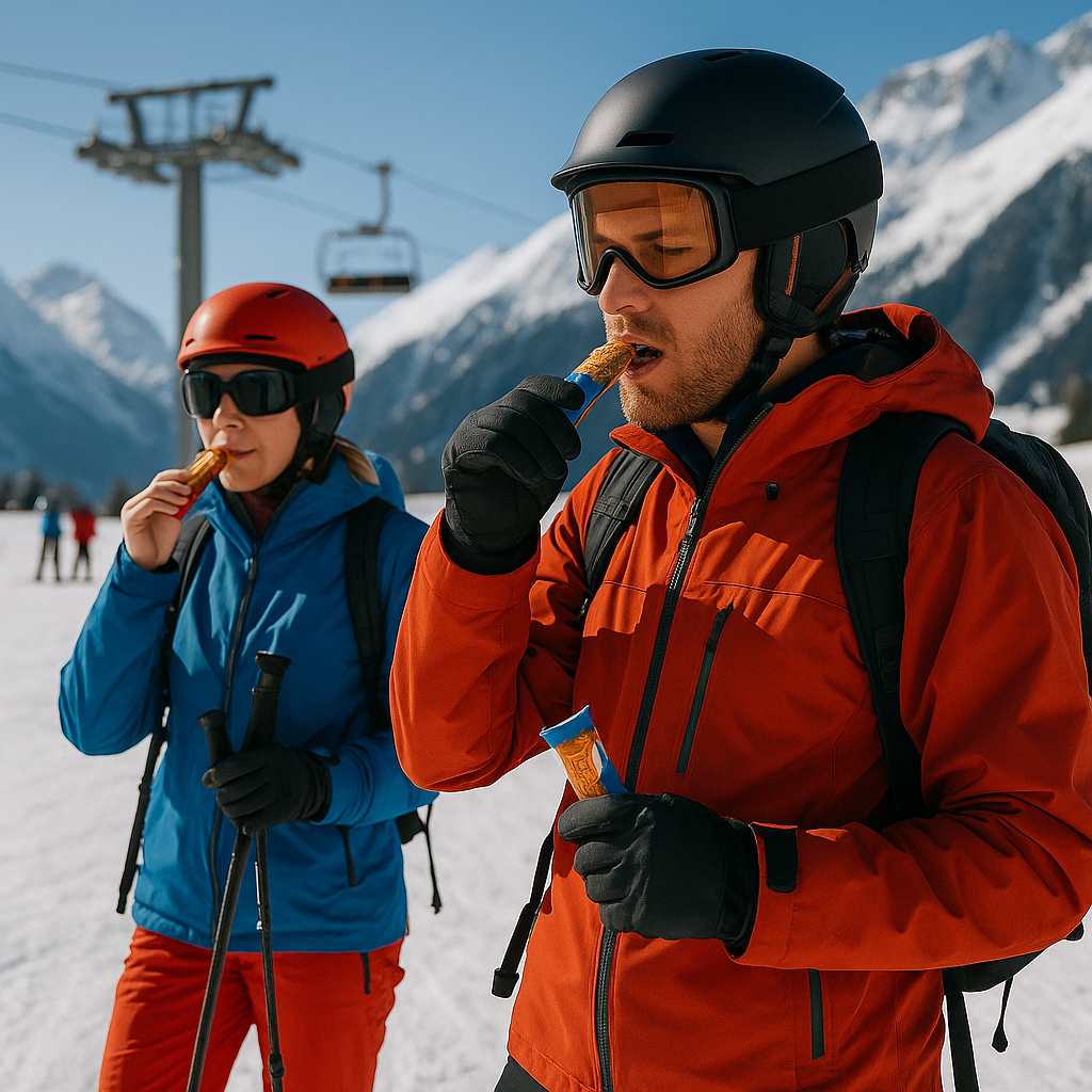 Skiërs met snack